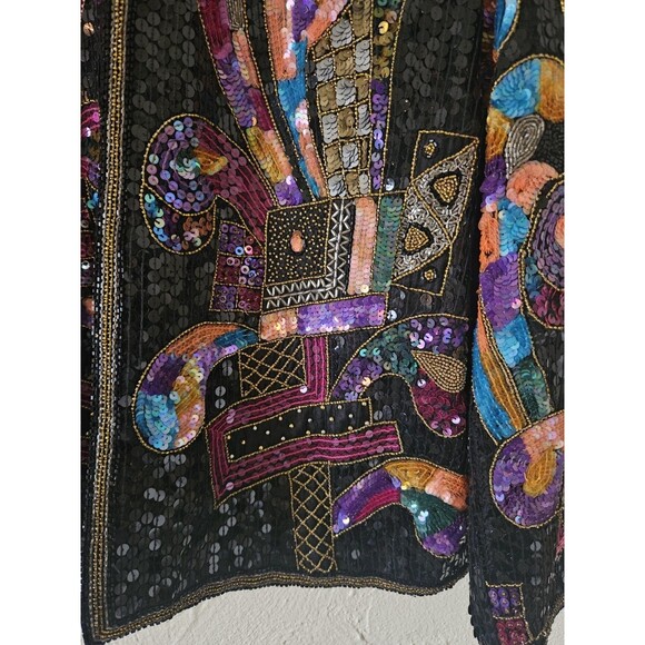 Vintage Albert Paul Beaded Sequined Colorful Silk Jacket L Party Cocktail Cowgir - Picture 4 of 7